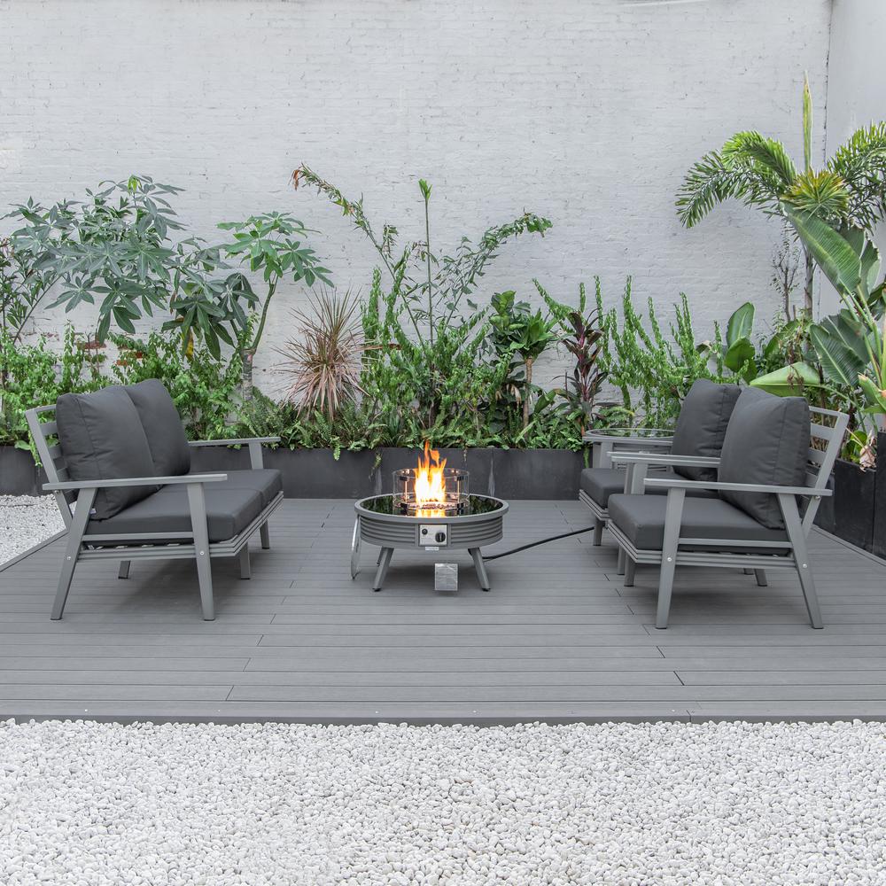 LeisureMod Walbrooke Modern Grey Patio Conversation With Round Fire Pit With Slats Design & Tank Holder, Charcoal. Picture 9