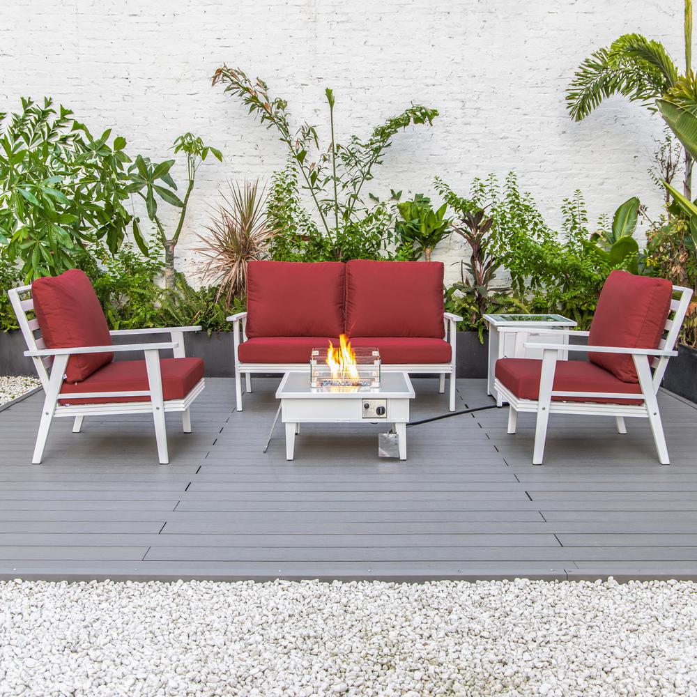LeisureMod Walbrooke Modern White Patio Conversation With Square Fire Pit & Tank Holder, Red. Picture 8