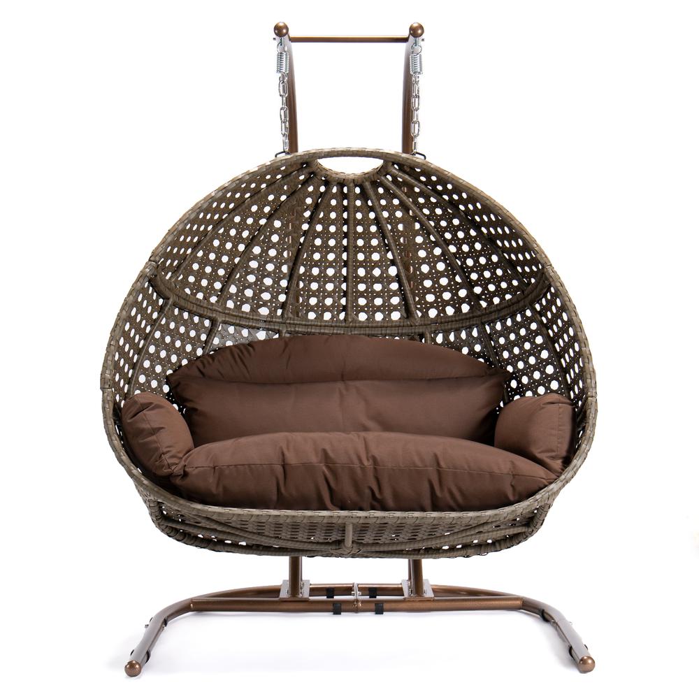 LeisureMod Wicker Hanging Double Egg Swing Chair, Dark Brown. Picture 2