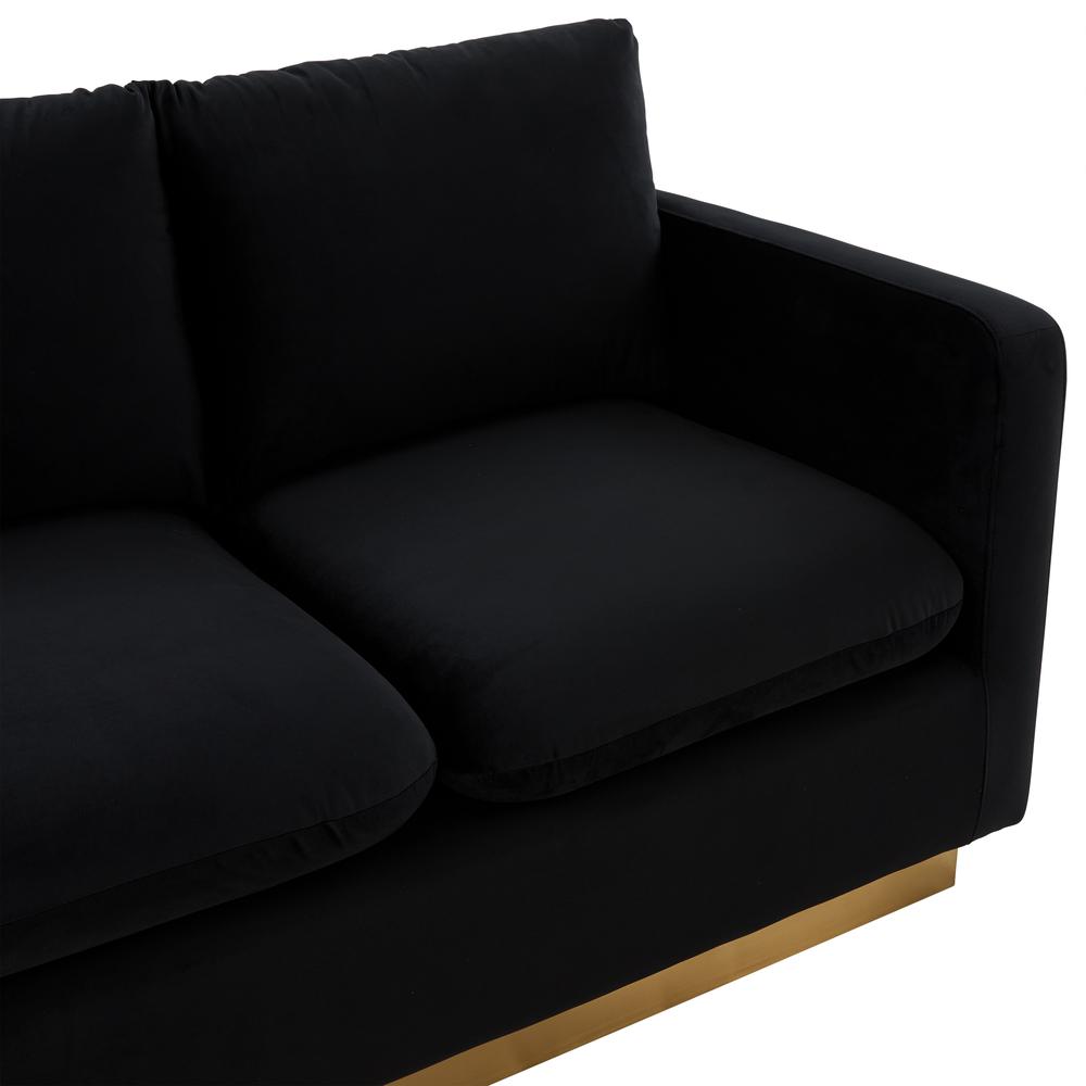 LeisureMod Nervo Modern Mid-Century Upholstered Velvet Loveseat with Gold Frame, Midnight Black. Picture 5