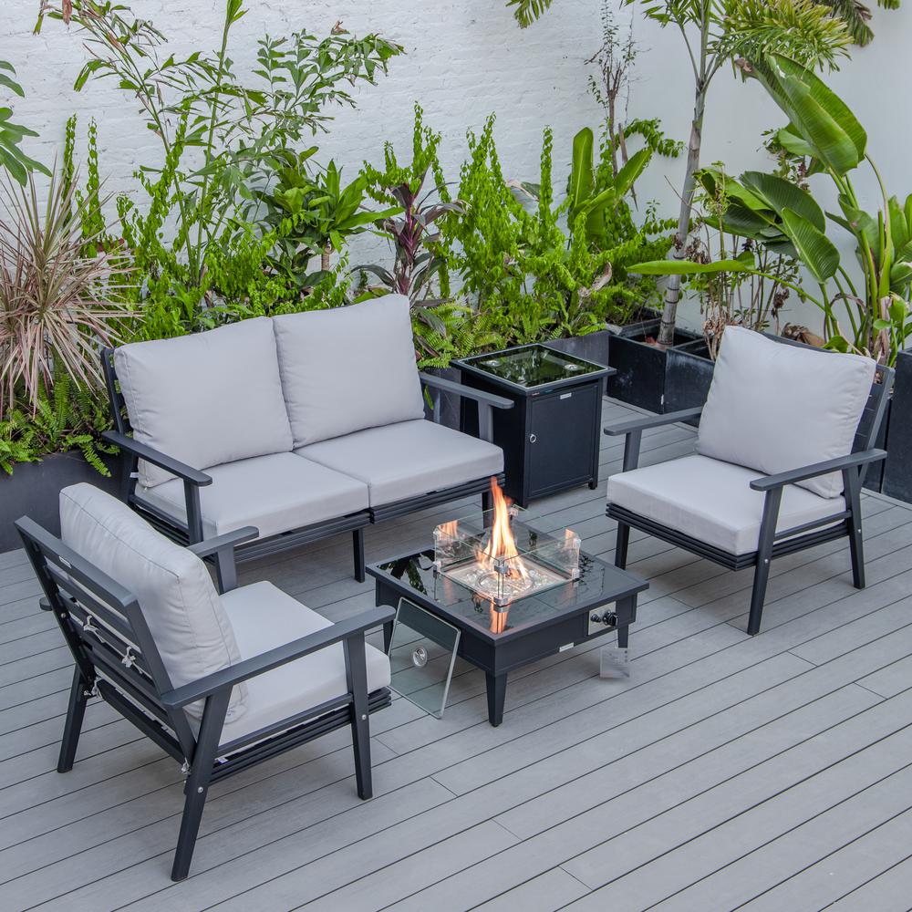 LeisureMod Walbrooke Modern Black Patio Conversation With Square Fire Pit & Tank Holder, Light Grey. Picture 1