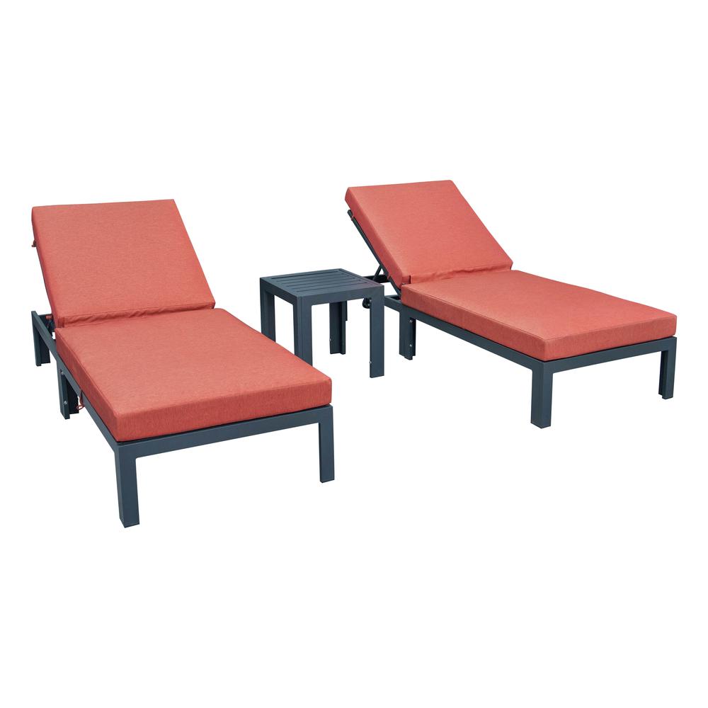 LeisureMod Chelsea Modern Outdoor Chaise Lounge Chair Set of 2 With Side Table & Cushions - Orange. Picture 2