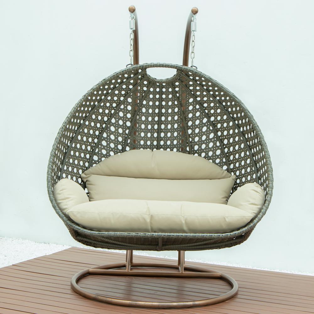 Beige Wicker Hanging 2 person Egg Swing Chair. Picture 4