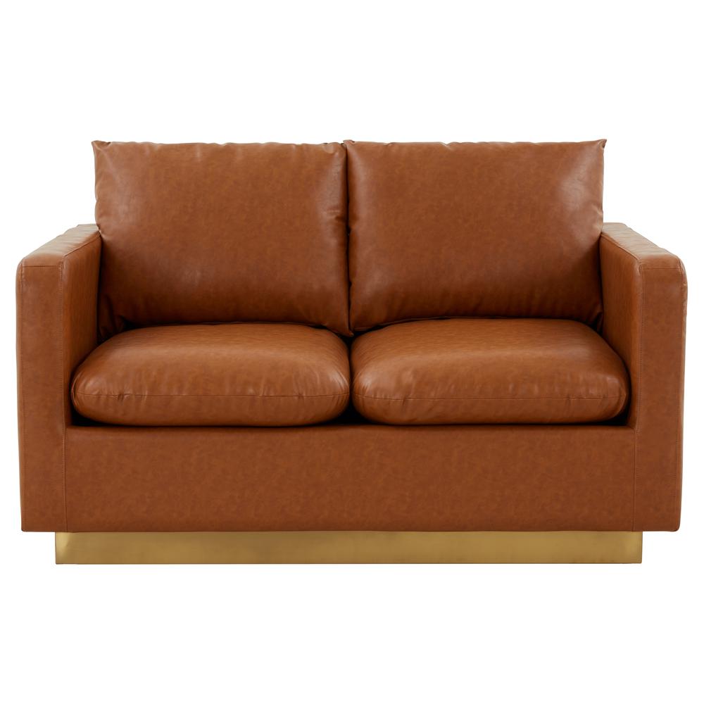 LeisureMod Nervo Modern Mid-Century Upholstered Leather Loveseat with Gold Frame, Cognac Tan. Picture 2