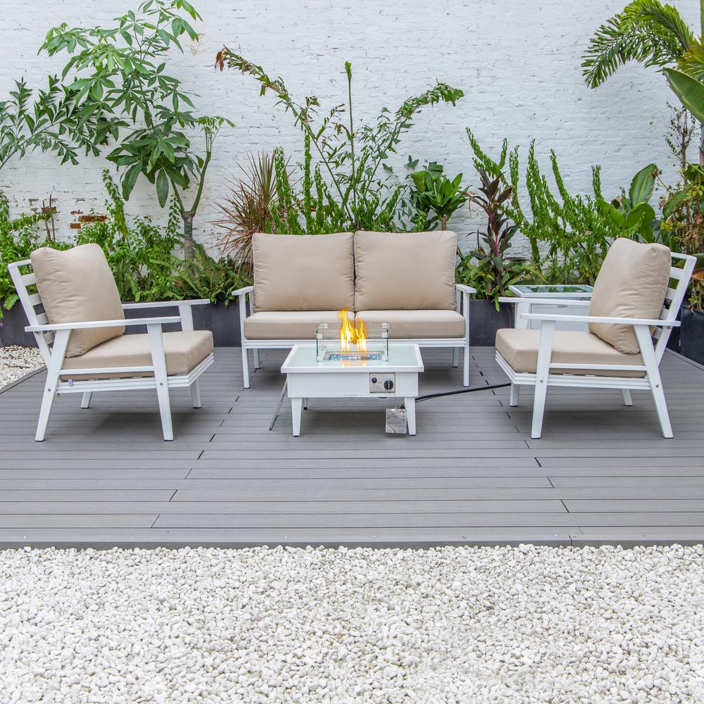LeisureMod Walbrooke Modern White Patio Conversation With Square Fire Pit & Tank Holder, Beige. Picture 8