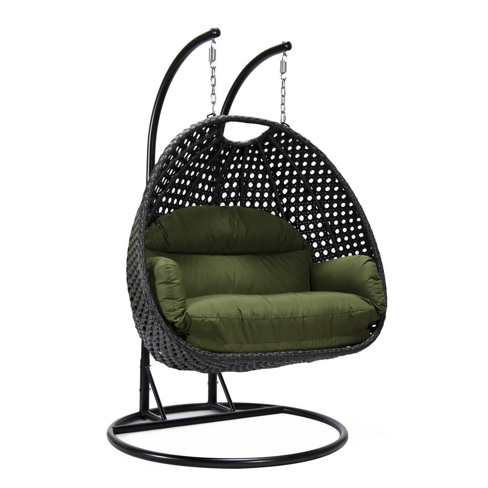 LeisureMod MendozaWicker Hanging 2 person Egg Swing Chair in Dark Green. Picture 1