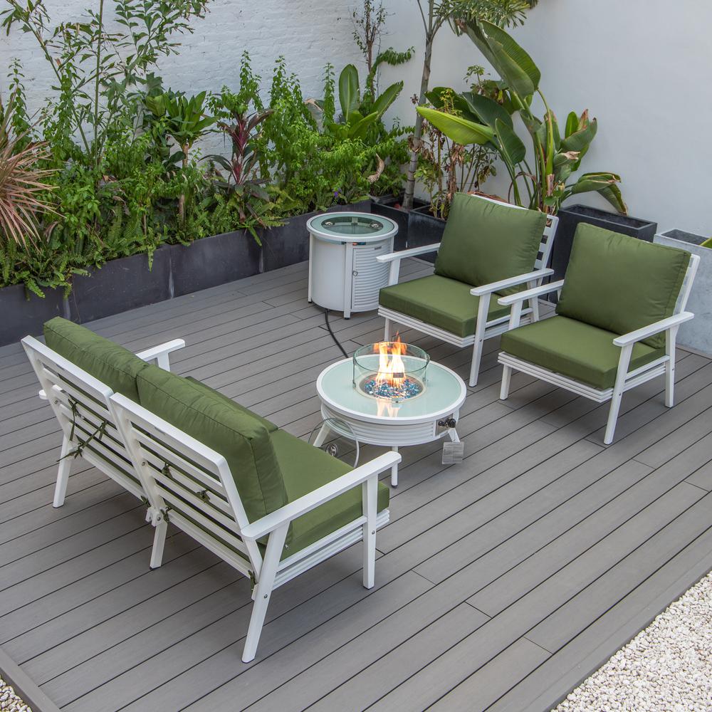 LeisureMod Walbrooke Modern White Patio Conversation With Round Fire Pit With Slats Design & Tank Holder, Green. Picture 7
