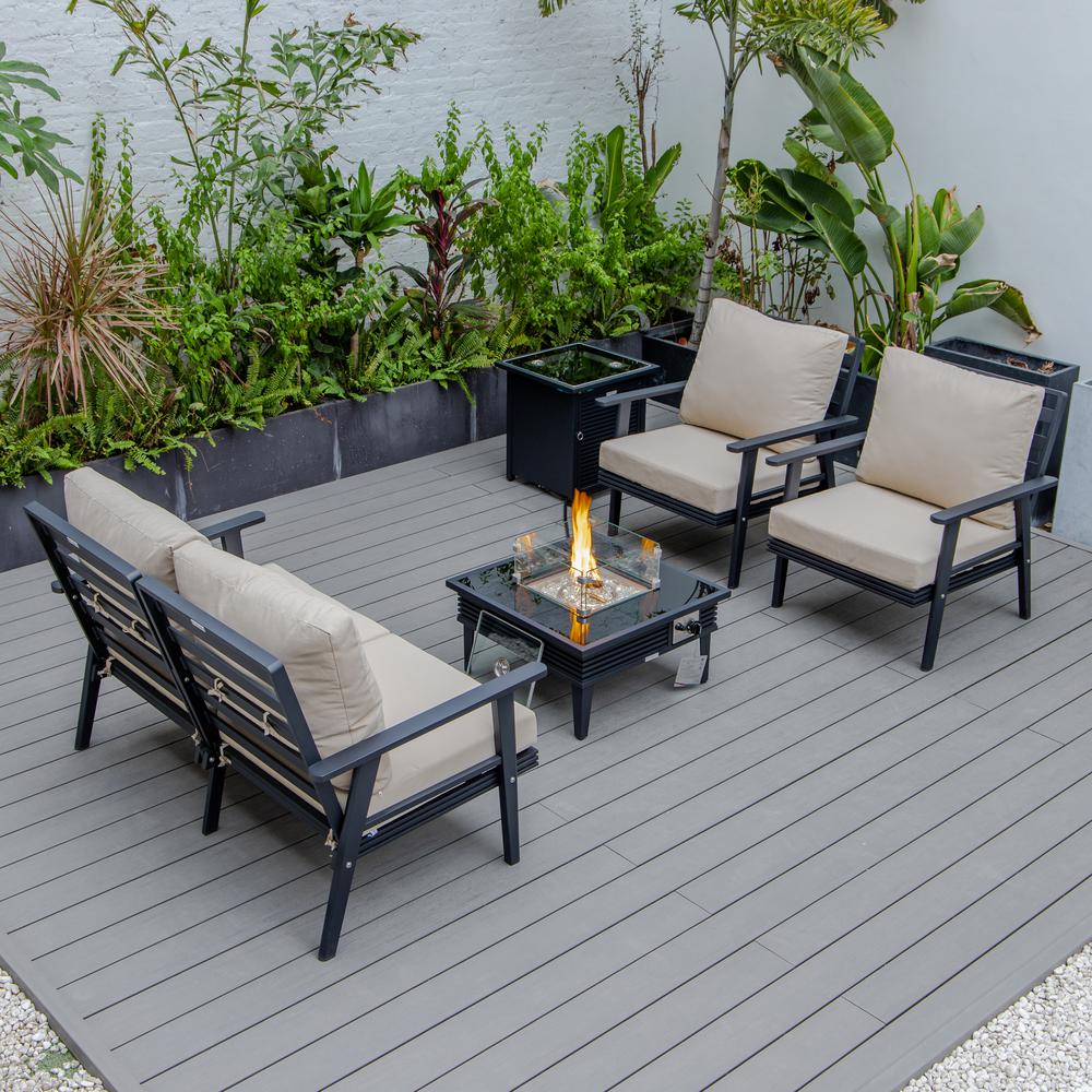 LeisureMod Walbrooke Modern Black Patio Conversation With Square Fire Pit With Slats Design & Tank Holder, Beige. Picture 3