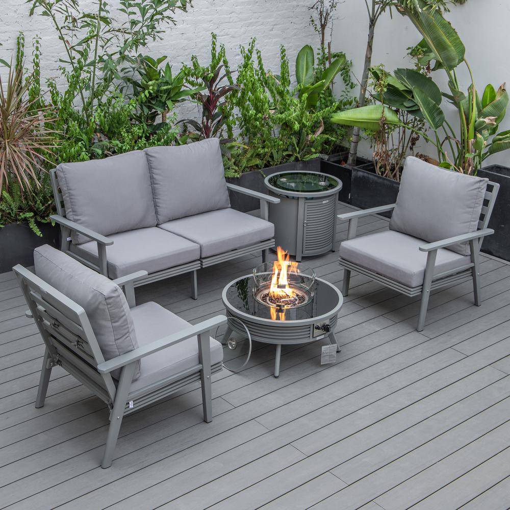 LeisureMod Walbrooke Modern Grey Patio Conversation With Round Fire Pit With Slats Design & Tank Holder, Grey. Picture 1