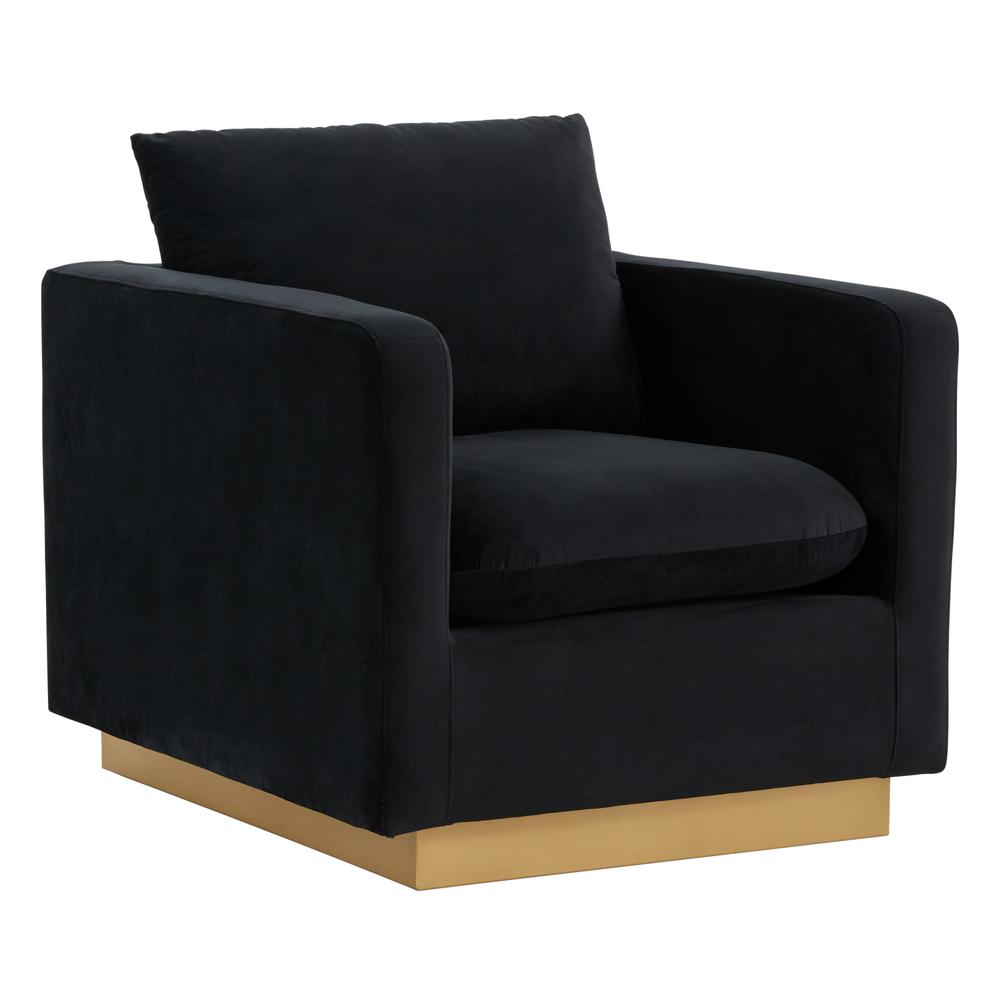 LeisureMod Nervo Velvet Accent Armchair With Gold Frame, Midnight Black. Picture 1