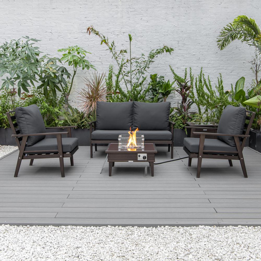LeisureMod Walbrooke Modern Brown Patio Conversation With Square Fire Pit With Slats Design & Tank Holder, Charcoal. Picture 7