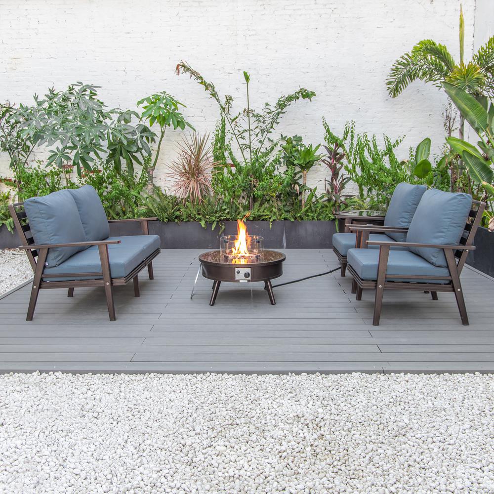 LeisureMod Walbrooke Modern Brown Patio Conversation With Round Fire Pit & Tank Holder, Navy Blue. Picture 9