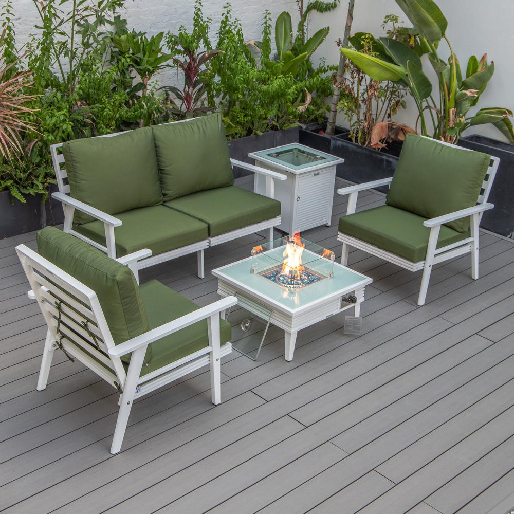LeisureMod Walbrooke Modern White Patio Conversation With Square Fire Pit With Slats Design & Tank Holder, Green. Picture 1