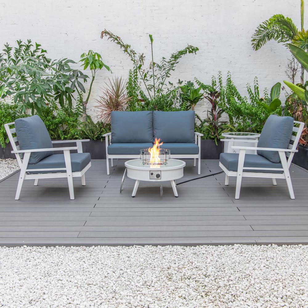 LeisureMod Walbrooke Modern White Patio Conversation With Round Fire Pit & Tank Holder, Navy Blue. Picture 7