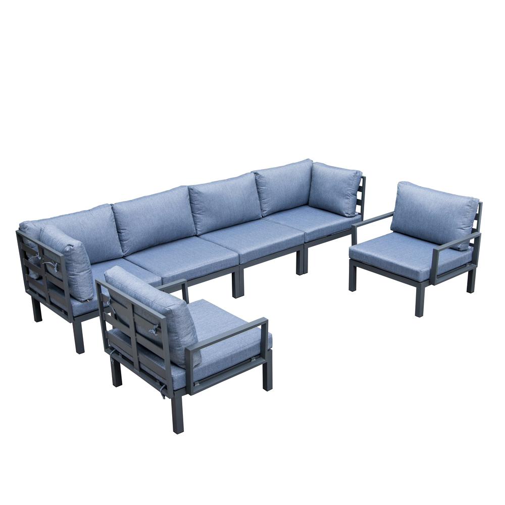 LeisureMod Hamilton 6-Piece Aluminum Patio Conversation Set With Cushions Charcoal Blue. Picture 1