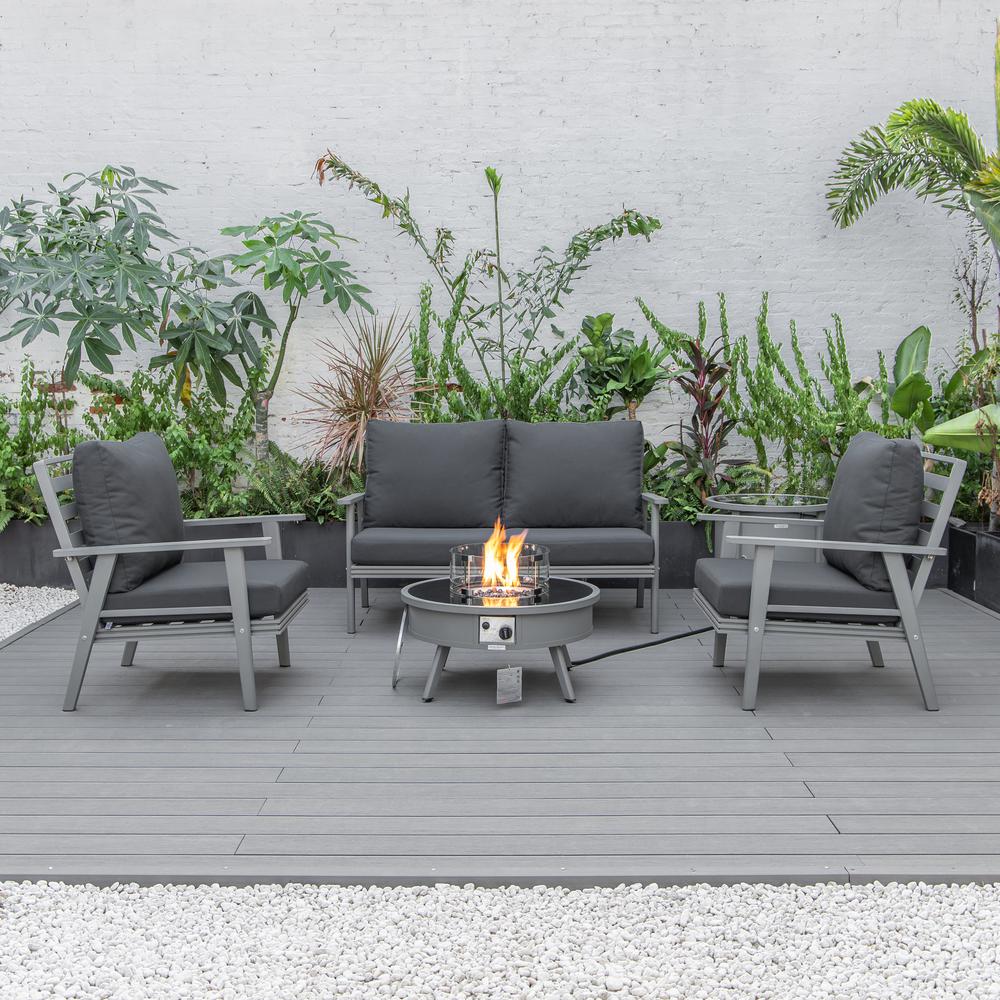 LeisureMod Walbrooke Modern Grey Patio Conversation With Round Fire Pit & Tank Holder, Charcoal. Picture 8