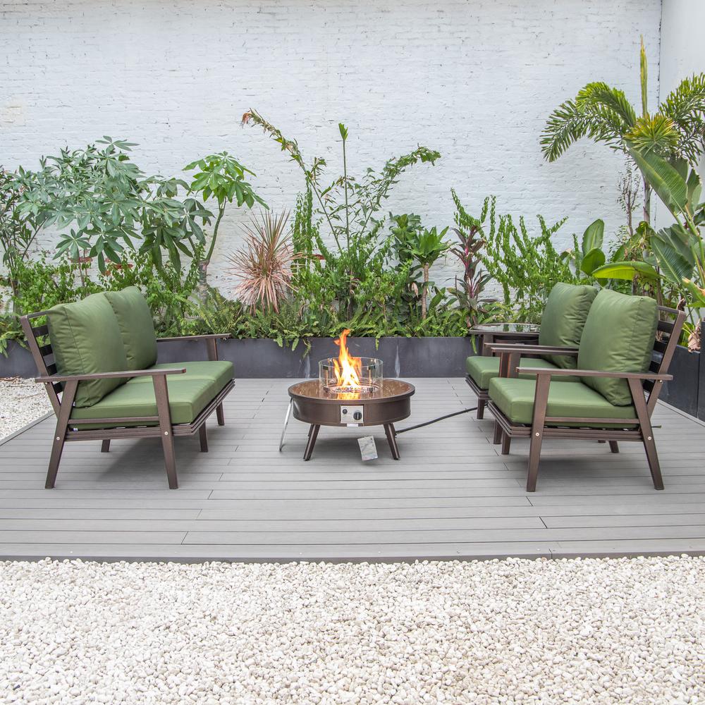 LeisureMod Walbrooke Modern Brown Patio Conversation With Round Fire Pit & Tank Holder, Green. Picture 9