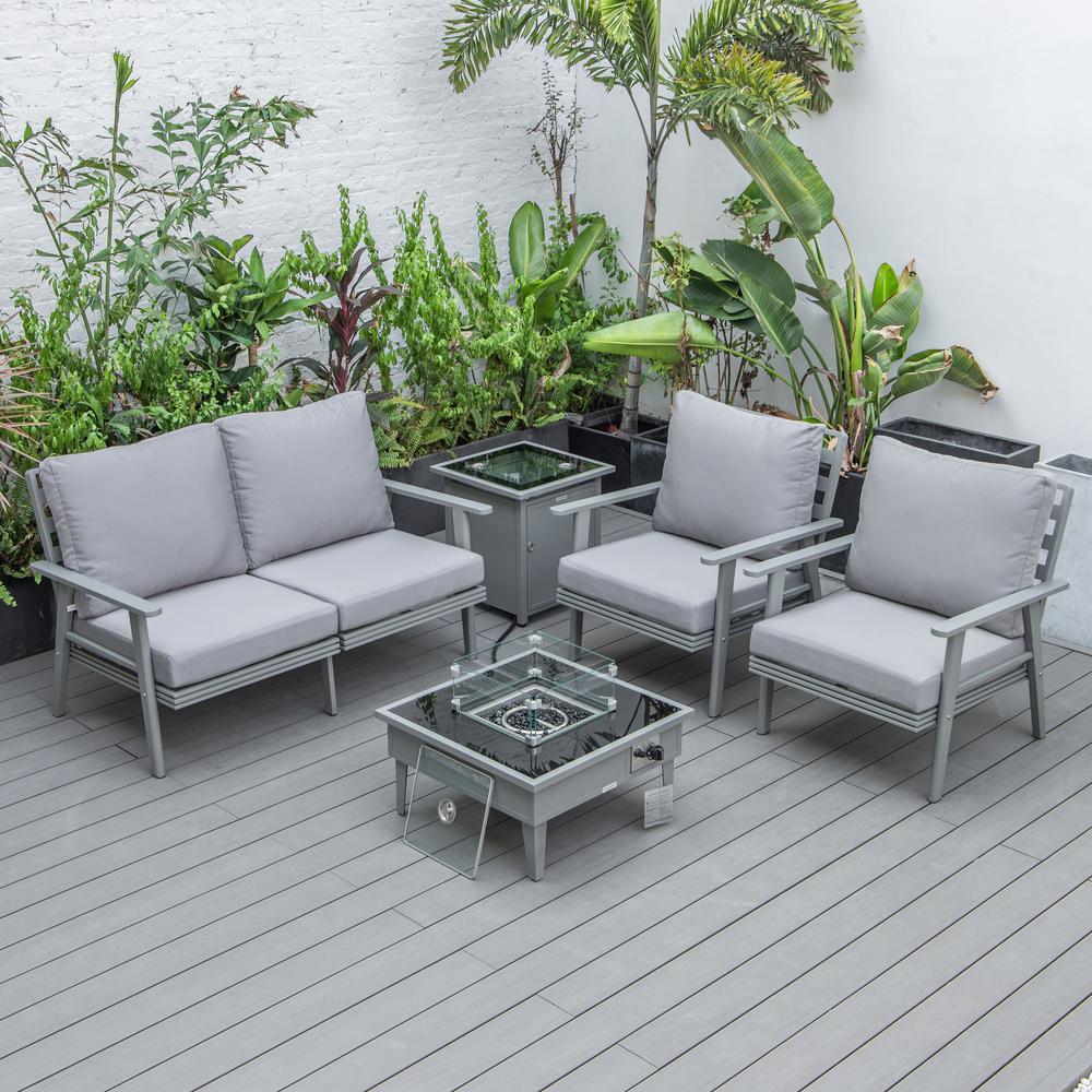 LeisureMod Walbrooke Modern Grey Patio Conversation With Square Fire Pit & Tank Holder, Grey. Picture 6