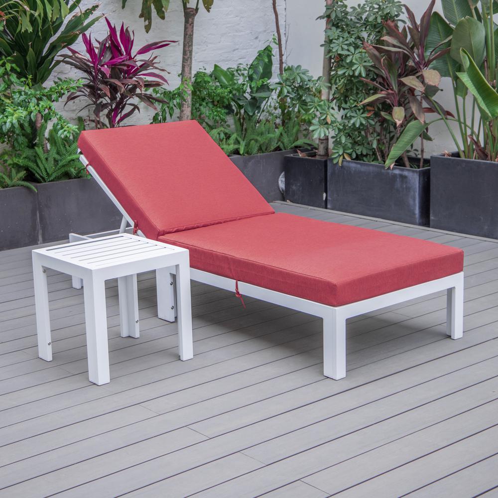 Chelsea Modern Outdoor White Chaise Lounge Chair With Side Table & Cushions. Picture 7