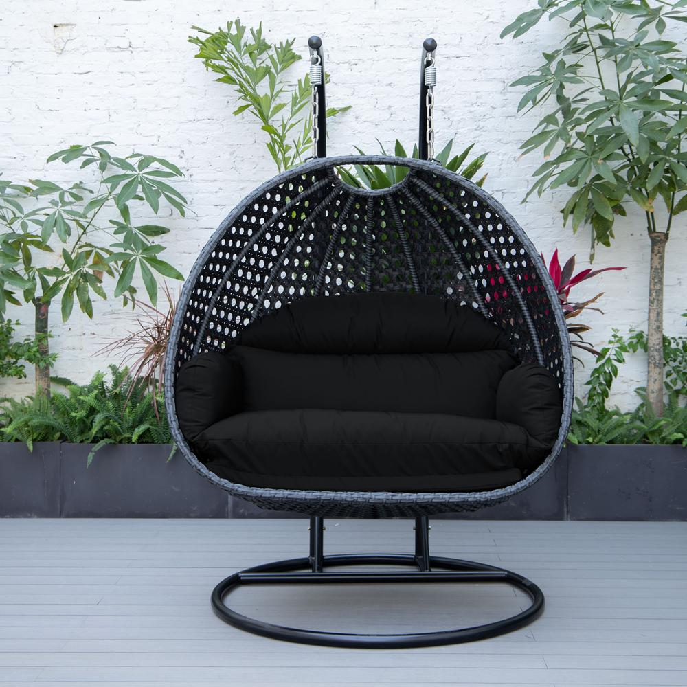 LeisureMod MendozaWicker Hanging 2 person Egg Swing Chair in Black. Picture 4
