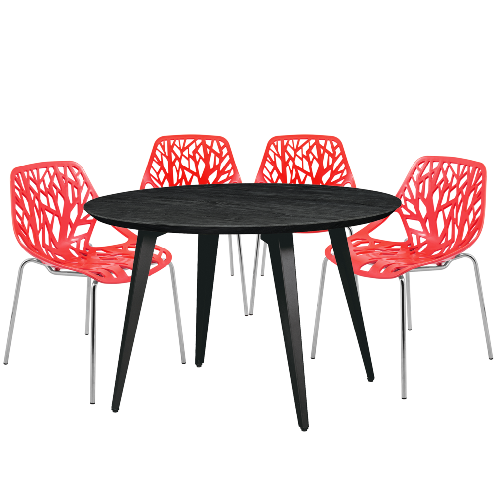5-Piece Dining Set with 4 Stackable Plastic Chairs and Round Wood Table. Picture 1