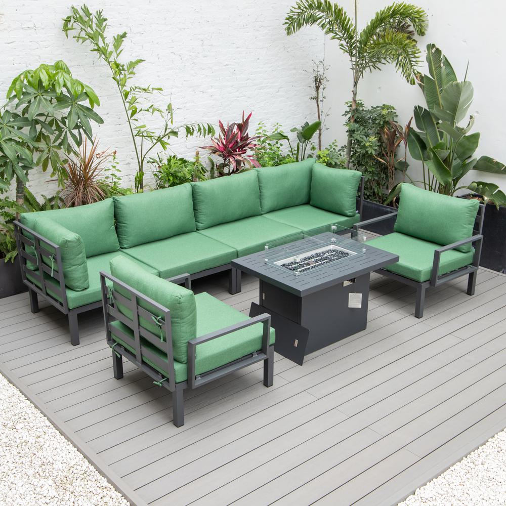 LeisureMod Hamilton 7-Piece Aluminum Patio Conversation Set With Fire Pit Table And Cushions Green. Picture 5