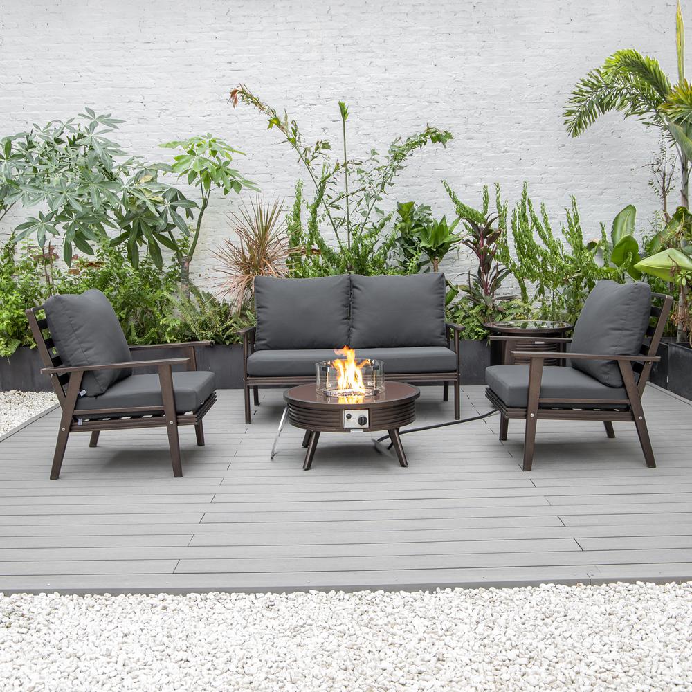 LeisureMod Walbrooke Modern Brown Patio Conversation With Round Fire Pit With Slats Design & Tank Holder, Charcoal. Picture 6