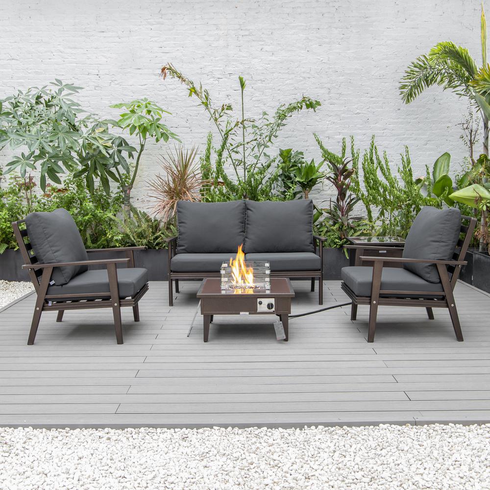LeisureMod Walbrooke Modern Brown Patio Conversation With Square Fire Pit & Tank Holder, Charcoal. Picture 8