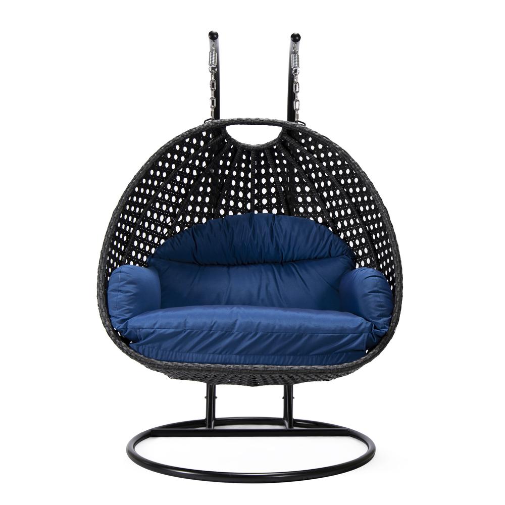 LeisureMod MendozaWicker Hanging 2 person Egg Swing Chair in Blue. Picture 2