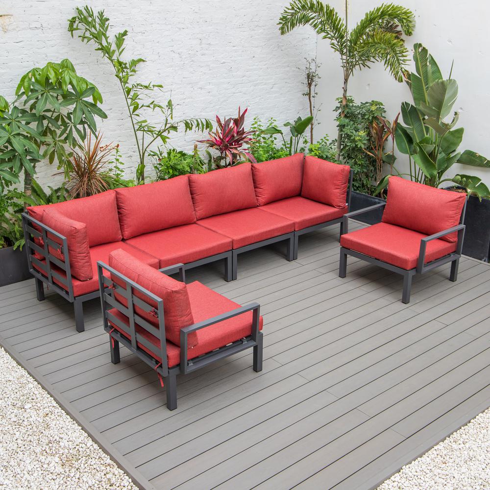 LeisureMod Hamilton 6-Piece Aluminum Patio Conversation Set With Cushions Red. Picture 2
