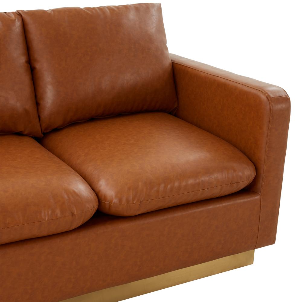 LeisureMod Nervo Modern Mid-Century Upholstered Leather Loveseat with Gold Frame, Cognac Tan. Picture 5