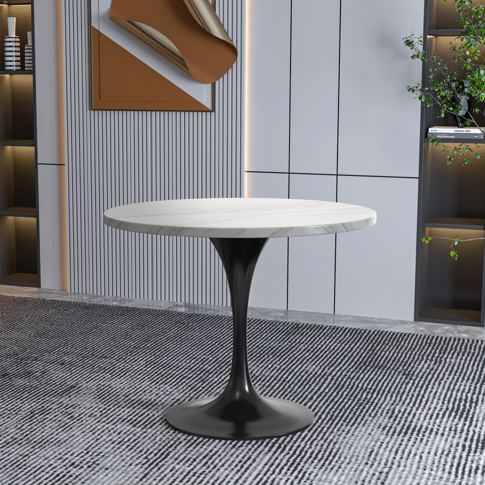 Verve 36 Round Dining Table, Black Base with Sintered Stone White Top. Picture 6