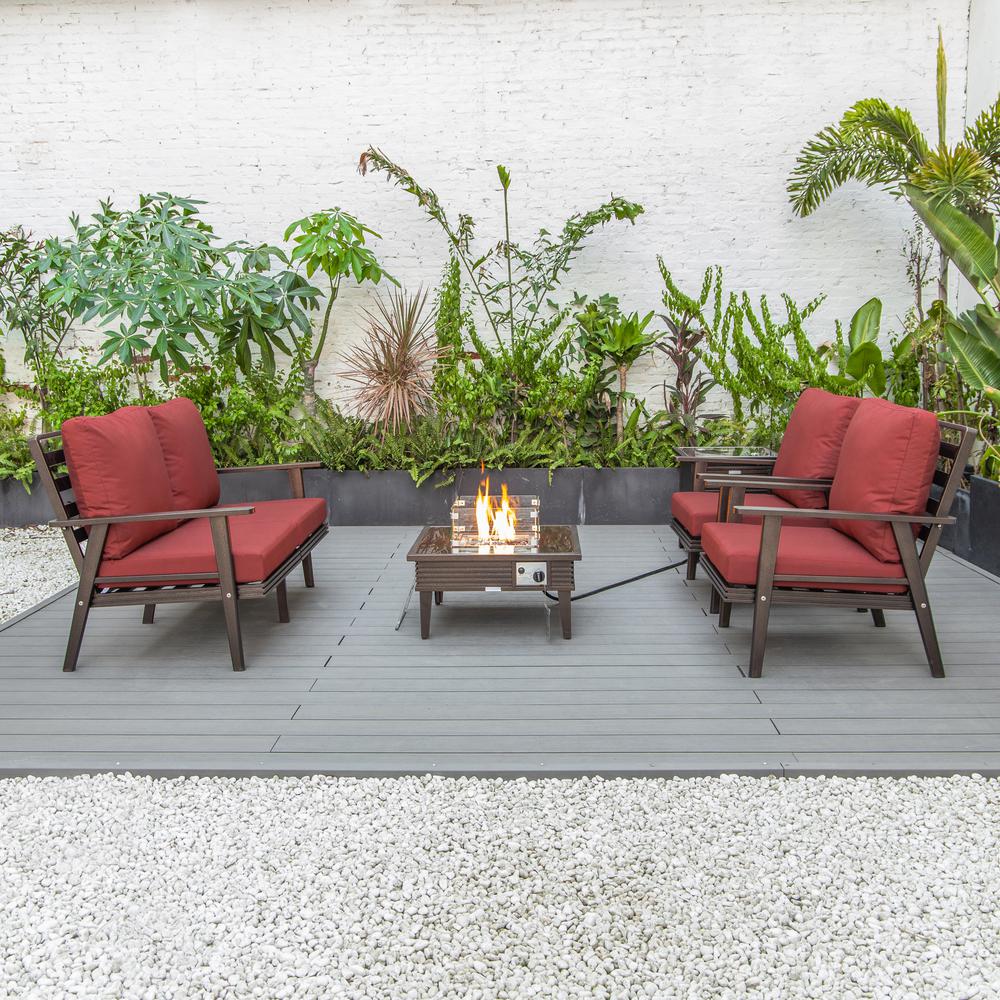 LeisureMod Walbrooke Modern Brown Patio Conversation With Square Fire Pit With Slats Design & Tank Holder, Red. Picture 8