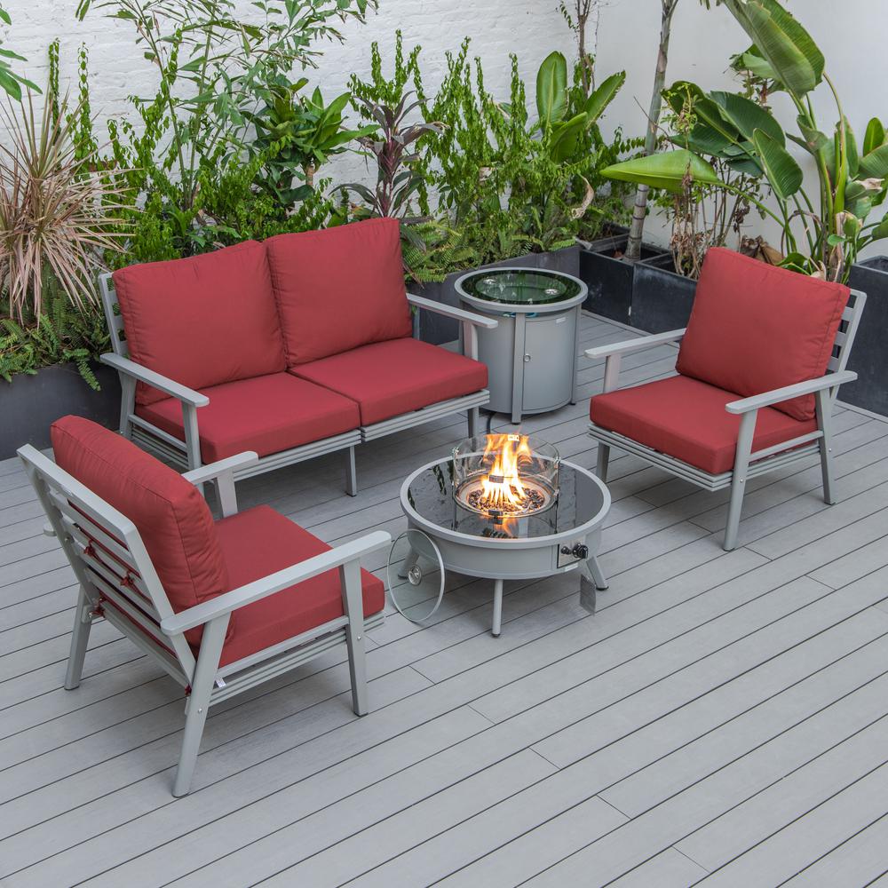 LeisureMod Walbrooke Modern Grey Patio Conversation With Round Fire Pit & Tank Holder, Red. Picture 1