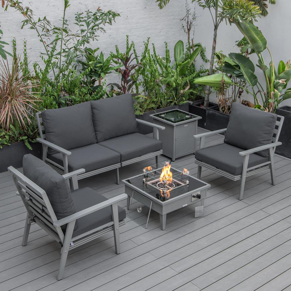 LeisureMod Walbrooke Modern Grey Patio Conversation With Square Fire Pit & Tank Holder, Charcoal. Picture 1