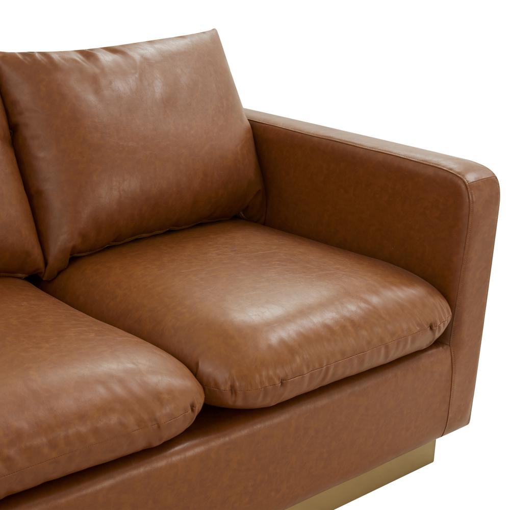 LeisureMod Nervo Modern Mid-Century Upholstered Leather Sofa with Gold Frame, Cognac Tan. Picture 6