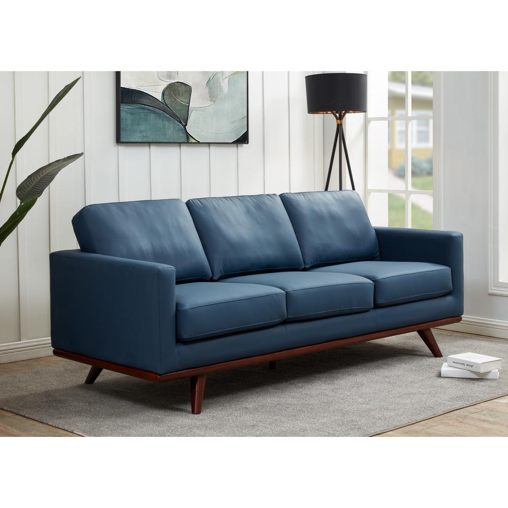 LeisureMod Chester Modern Leather Sofa With Birch Wood Base, Navy Blue. Picture 2
