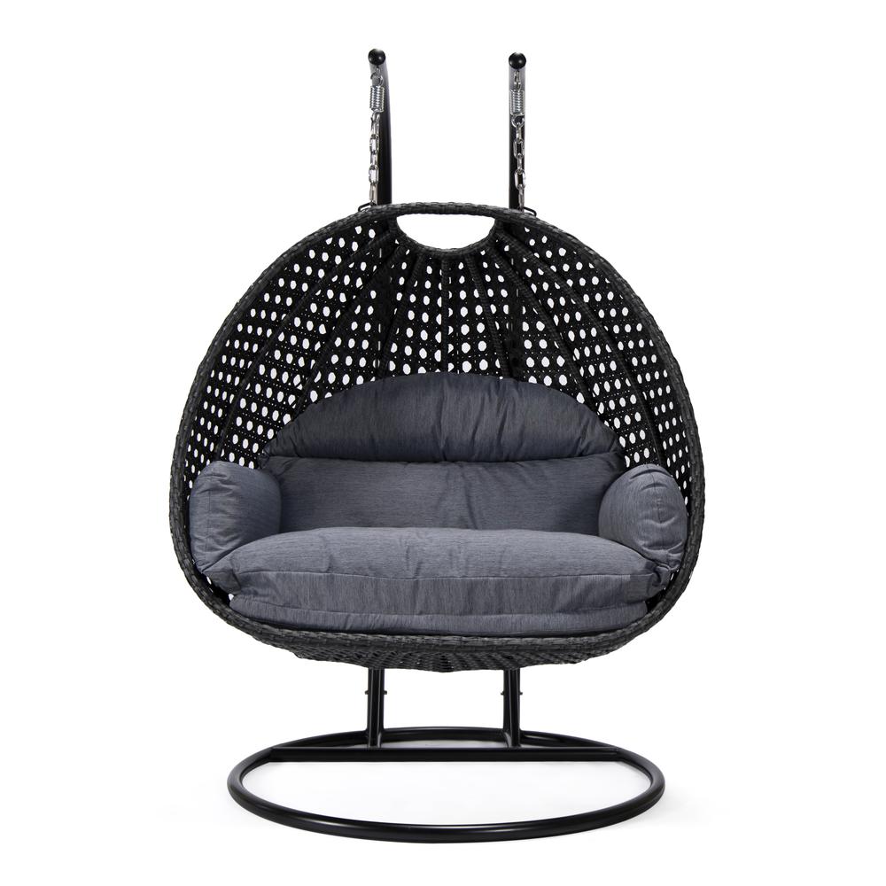 LeisureMod MendozaWicker Hanging 2 person Egg Swing Chair in Charcoal Blue. Picture 2