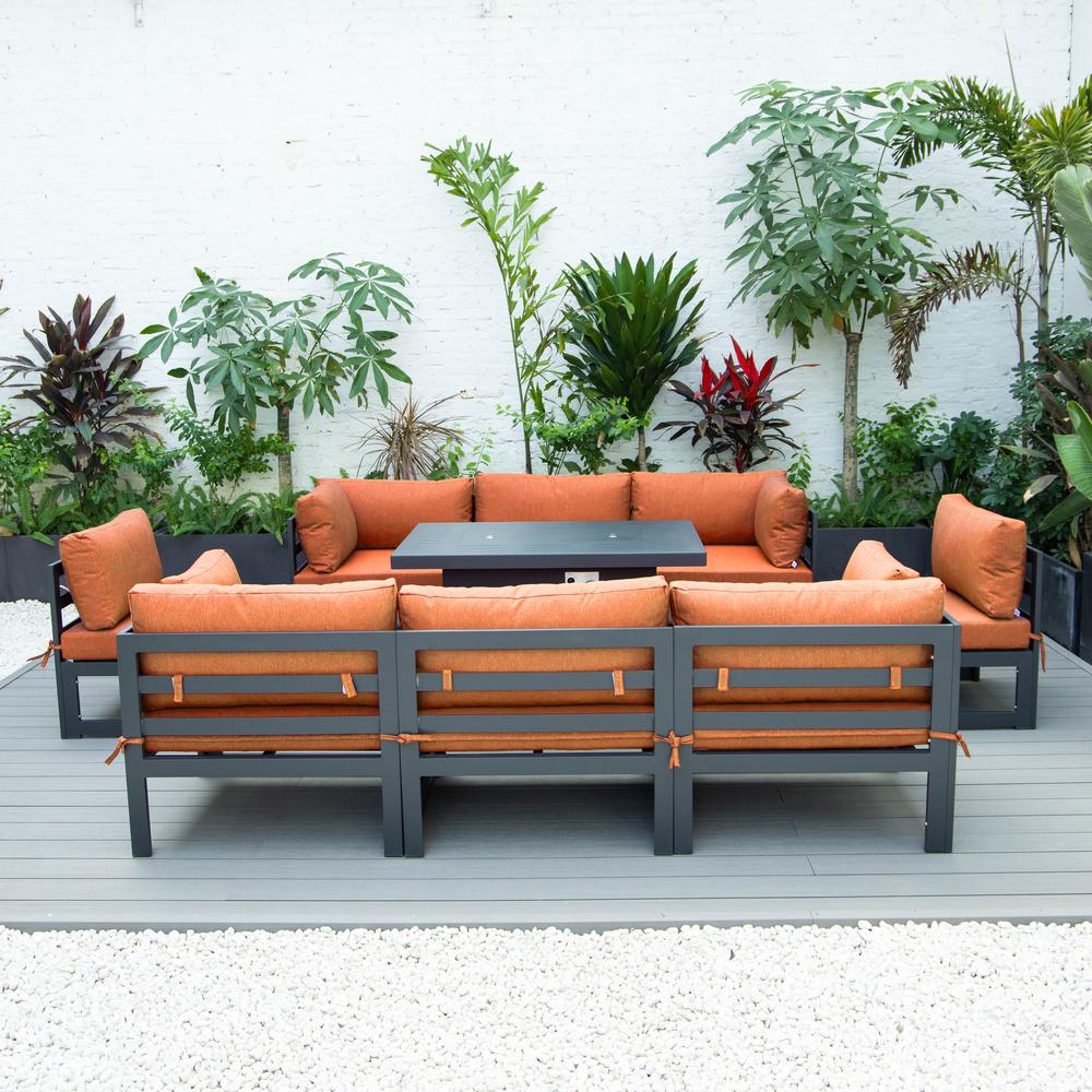 LeisureMod Chelsea 9-Piece Patio Sectional with Fire Pit Table Black Aluminum With Cushions, Orange. Picture 4