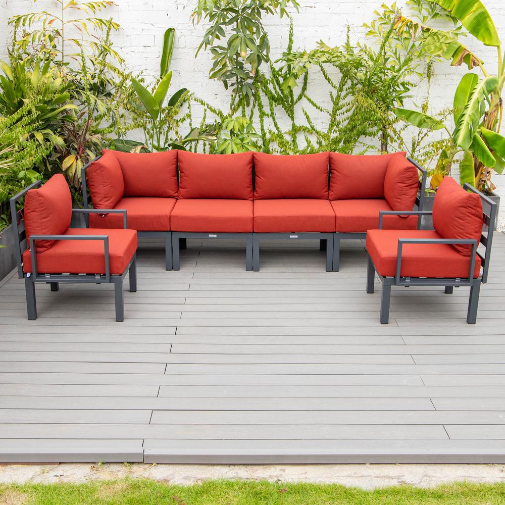 LeisureMod Chelsea 6-Piece Patio Sectional Black Aluminum With Cushions in Red. Picture 4