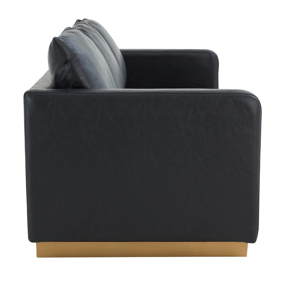 LeisureMod Nervo Modern Mid-Century Upholstered Leather Sofa with Gold Frame, Black. Picture 4