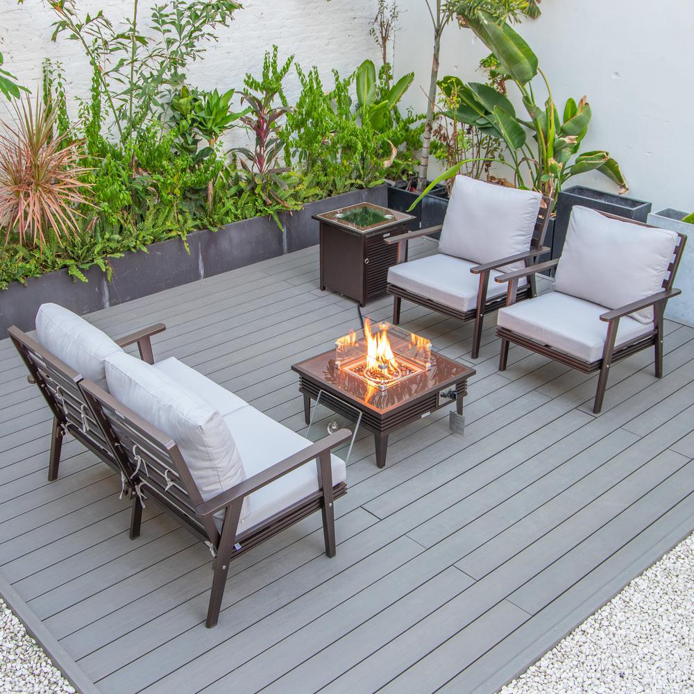 LeisureMod Walbrooke Modern Brown Patio Conversation With Square Fire Pit With Slats Design & Tank Holder, Light Grey. Picture 6
