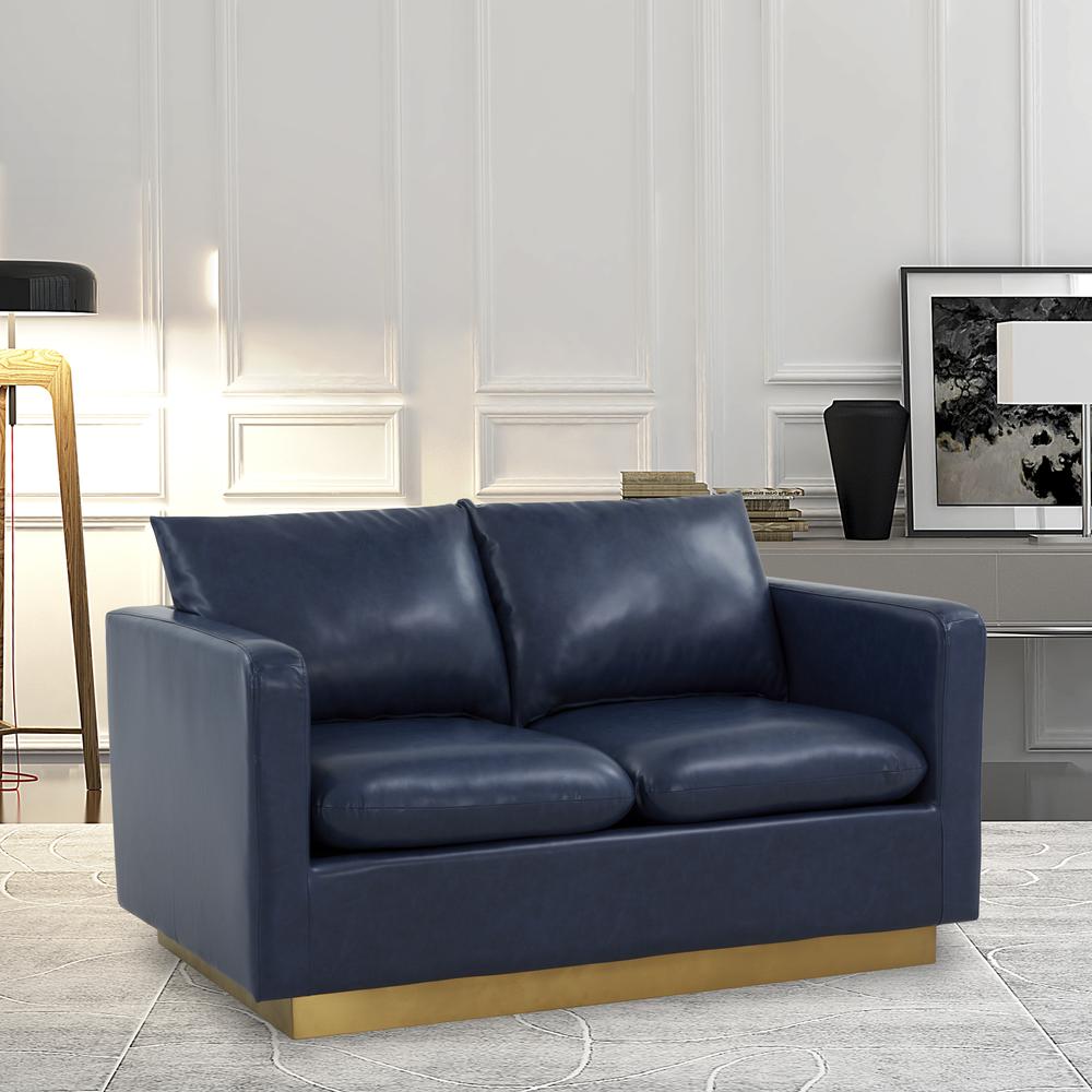 LeisureMod Nervo Modern Mid-Century Upholstered Leather Loveseat with Gold Frame, Navy Blue. Picture 7