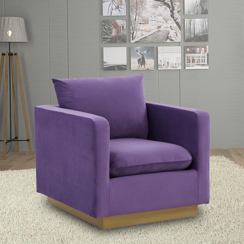 LeisureMod Nervo Velvet Accent Armchair With Gold Frame, Purple. Picture 6