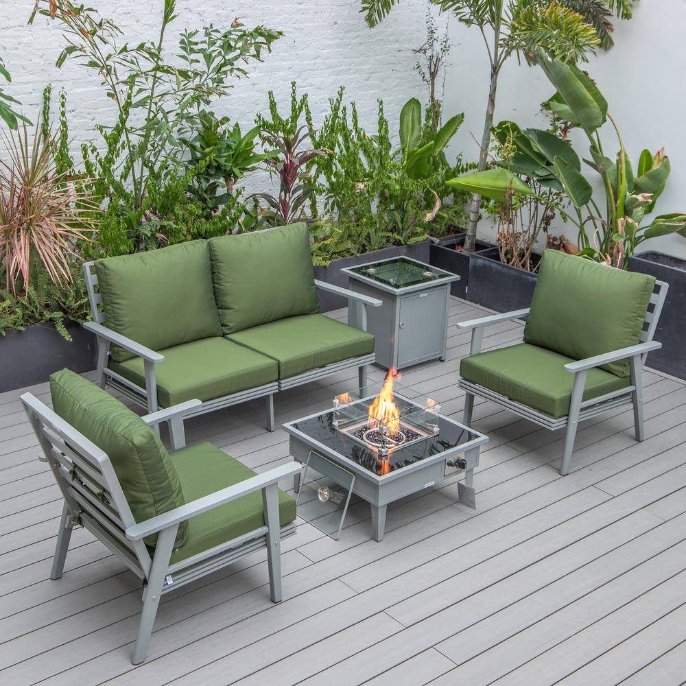 LeisureMod Walbrooke Modern Grey Patio Conversation With Square Fire Pit & Tank Holder, Green. Picture 1