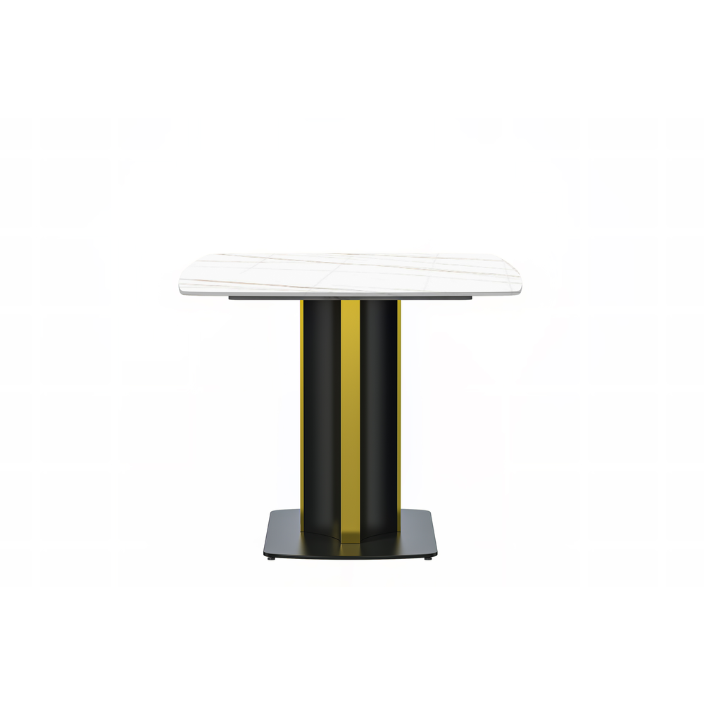 Modern Dining Table Black and Gold Base, With 55 White/Gold Sintered Stone Top. Picture 1