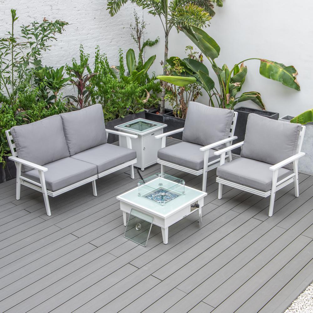 LeisureMod Walbrooke Modern White Patio Conversation With Square Fire Pit & Tank Holder, Grey. Picture 6