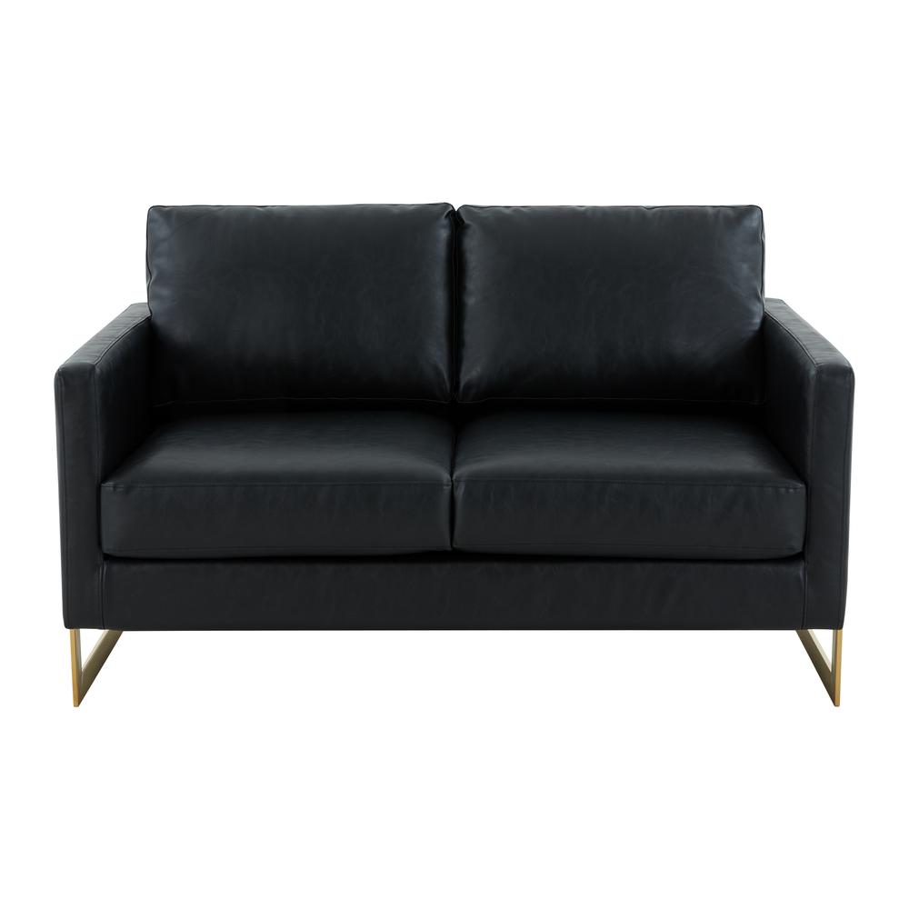 LeisureMod Lincoln Modern Mid-Century Upholstered Leather Loveseat with Gold Frame, Black. Picture 3