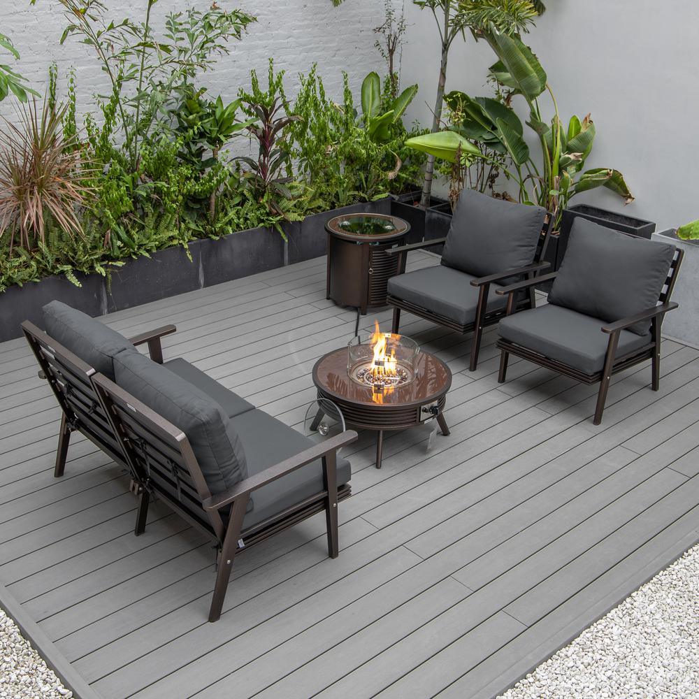 LeisureMod Walbrooke Modern Brown Patio Conversation With Round Fire Pit With Slats Design & Tank Holder, Charcoal. Picture 7