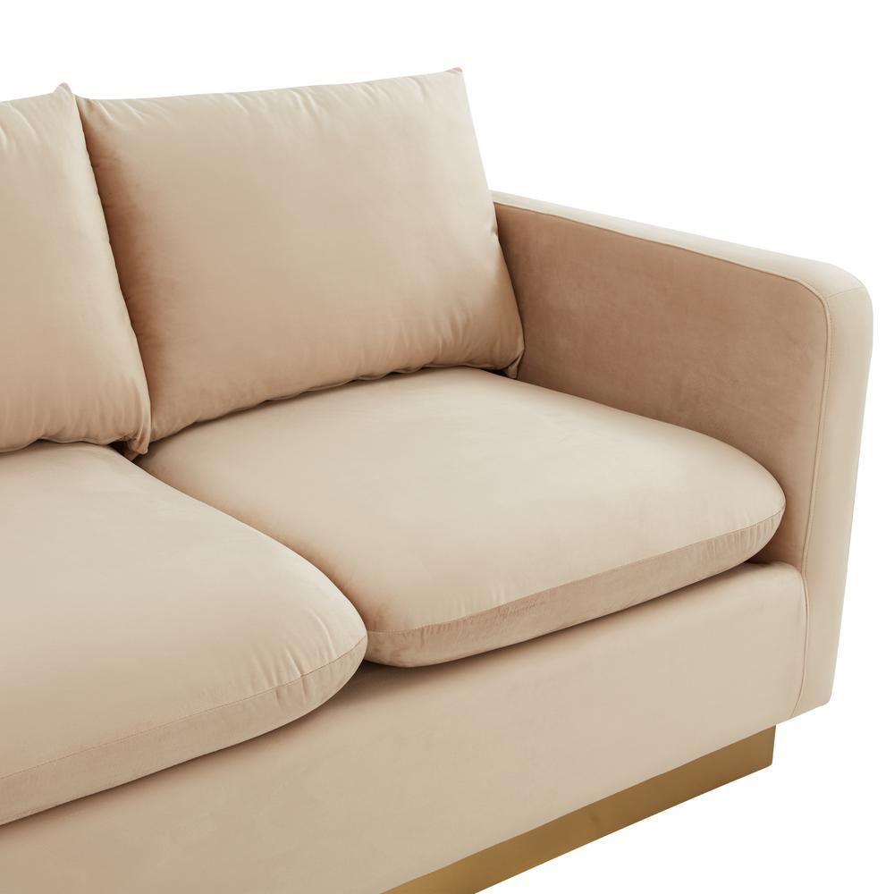LeisureMod Nervo Modern Mid-Century Upholstered Velvet Sofa with Gold Frame, Beige. Picture 5